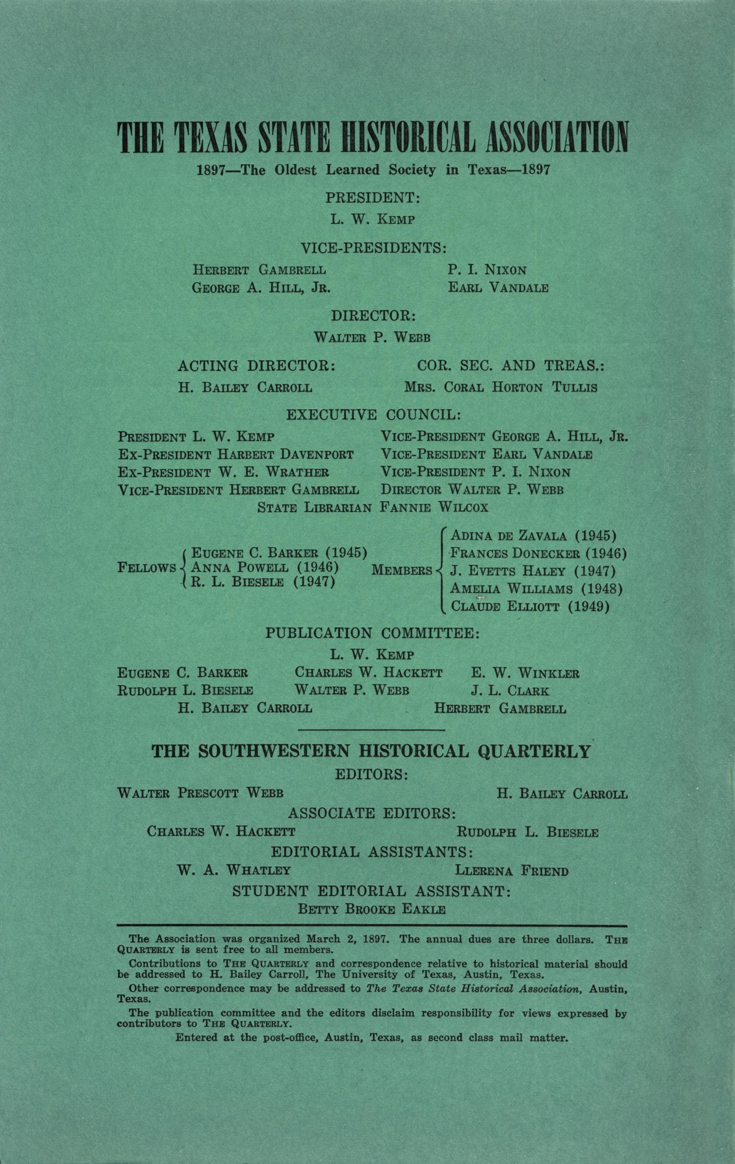The Southwestern Historical Quarterly, Volume 48, July 1944 - April, 1945
                                                
                                                    Front Inside
                                                