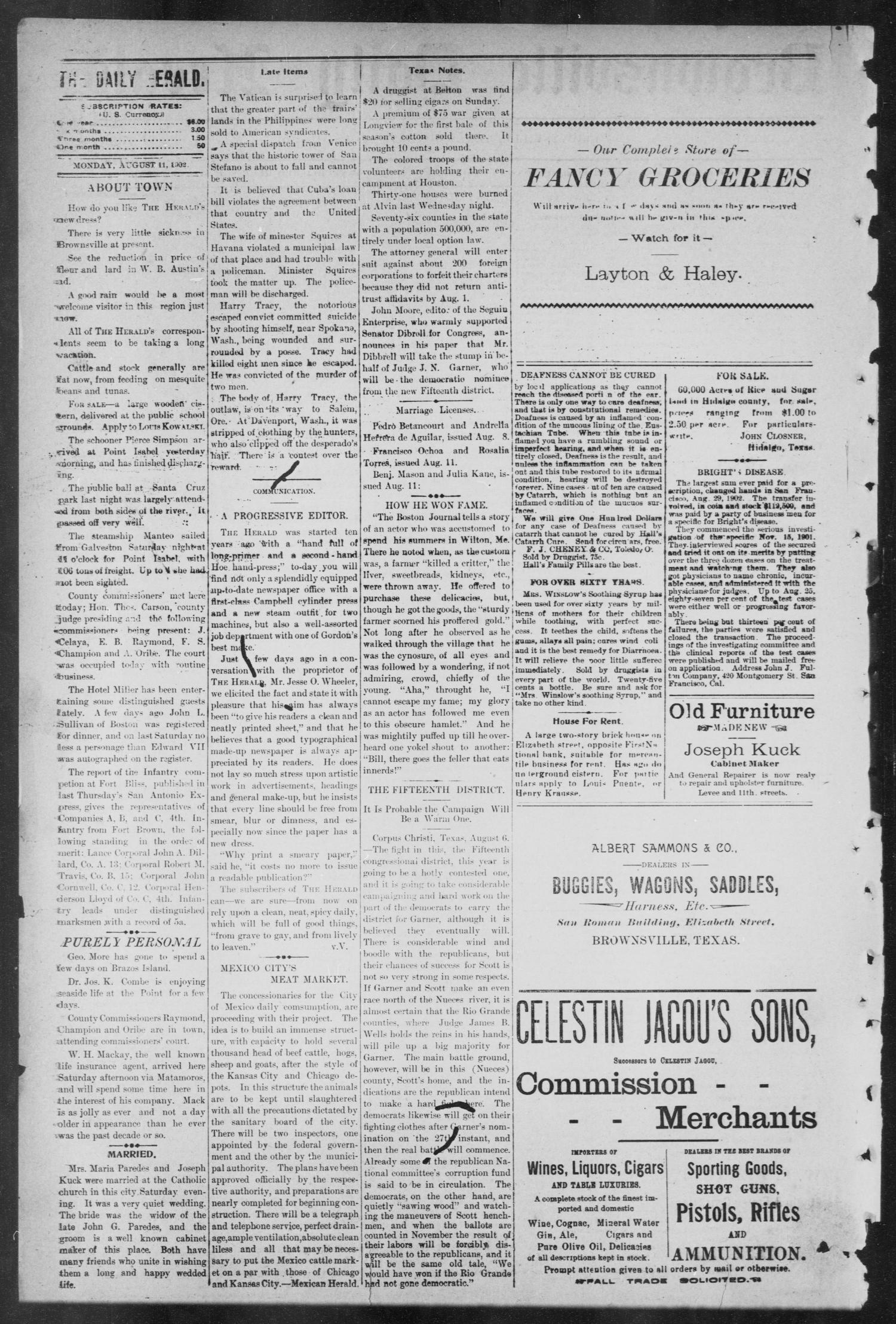Brownsville Daily Herald (Brownsville, Tex.), Vol. ELEVEN, No. 142, Ed. 1, Monday, August 11, 1902
                                                
                                                    [Sequence #]: 2 of 4
                                                