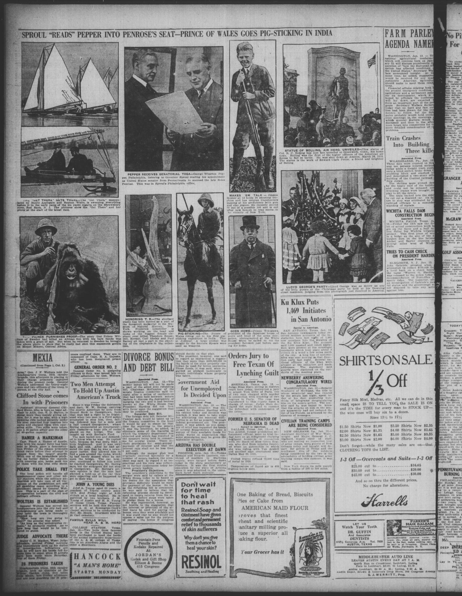 The Austin American (Austin, Tex.), Vol. 8, No. 219, Ed. 1 Saturday, January 14, 1922
                                                
                                                    [Sequence #]: 2 of 8
                                                