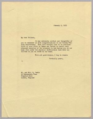 Primary view of object titled '[Letter from I. H. Kempner to Mr. and Mrs. A. Lewis, January 2, 1953]'.