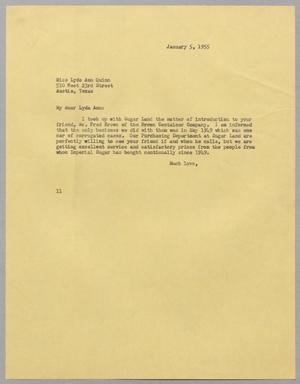 Primary view of object titled '[Letter from I. H. Kempner to Miss Lyda Ann Quinn, January 5, 1955]'.