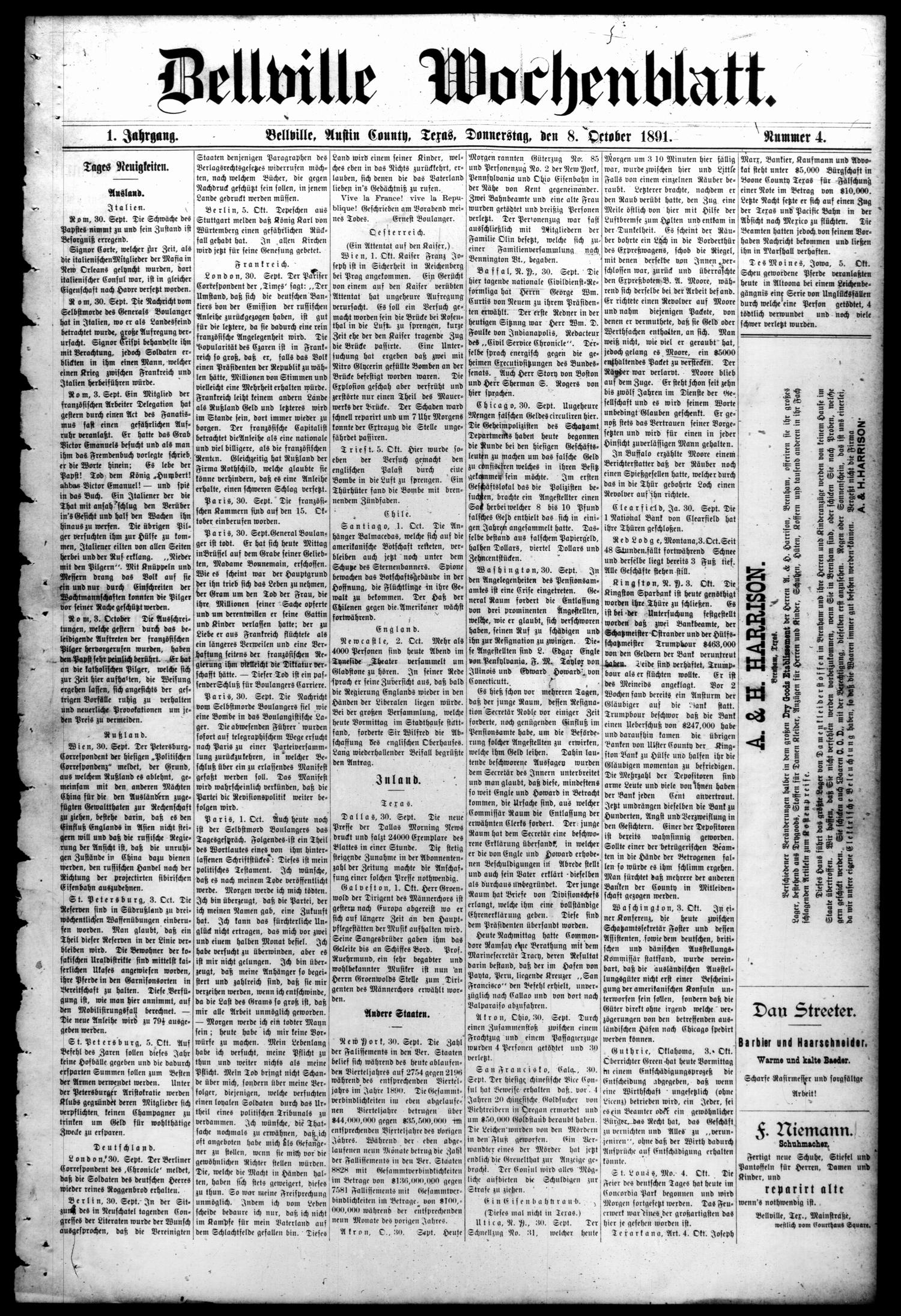 Bellville Wochenblatt. (Bellville, Tex.), Vol. 1, No. 4, Ed. 1 Thursday, October 8, 1891
                                                
                                                    [Sequence #]: 1 of 8
                                                