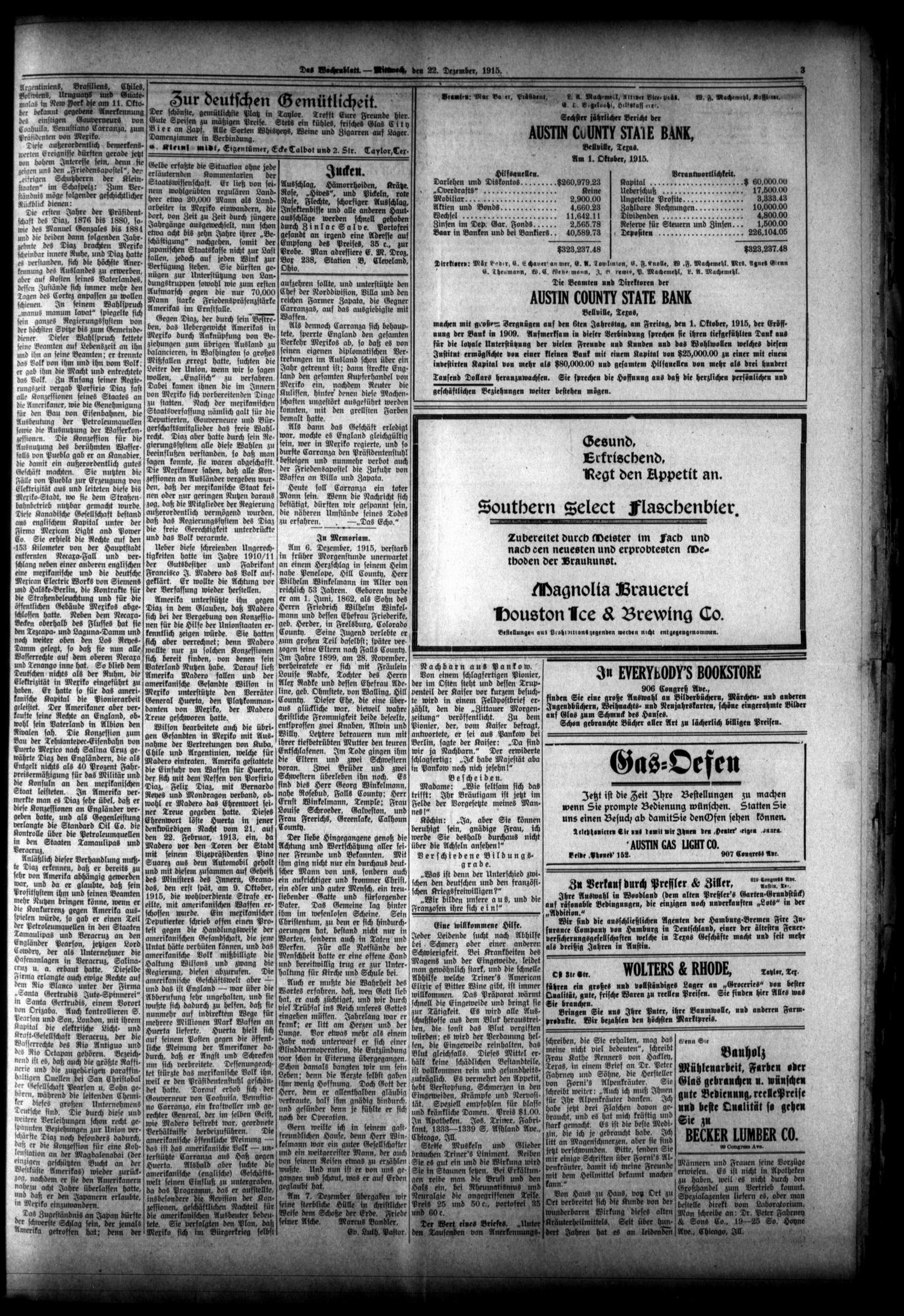 Das Wochenblatt. (Austin, Tex.), Vol. 7, No. 21, Ed. 1 Wednesday, December 22, 1915
                                                
                                                    [Sequence #]: 3 of 8
                                                
