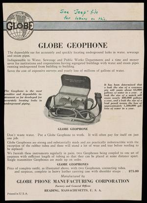Primary view of object titled '[Clipping: Advertisement for Globe Geophone]'.