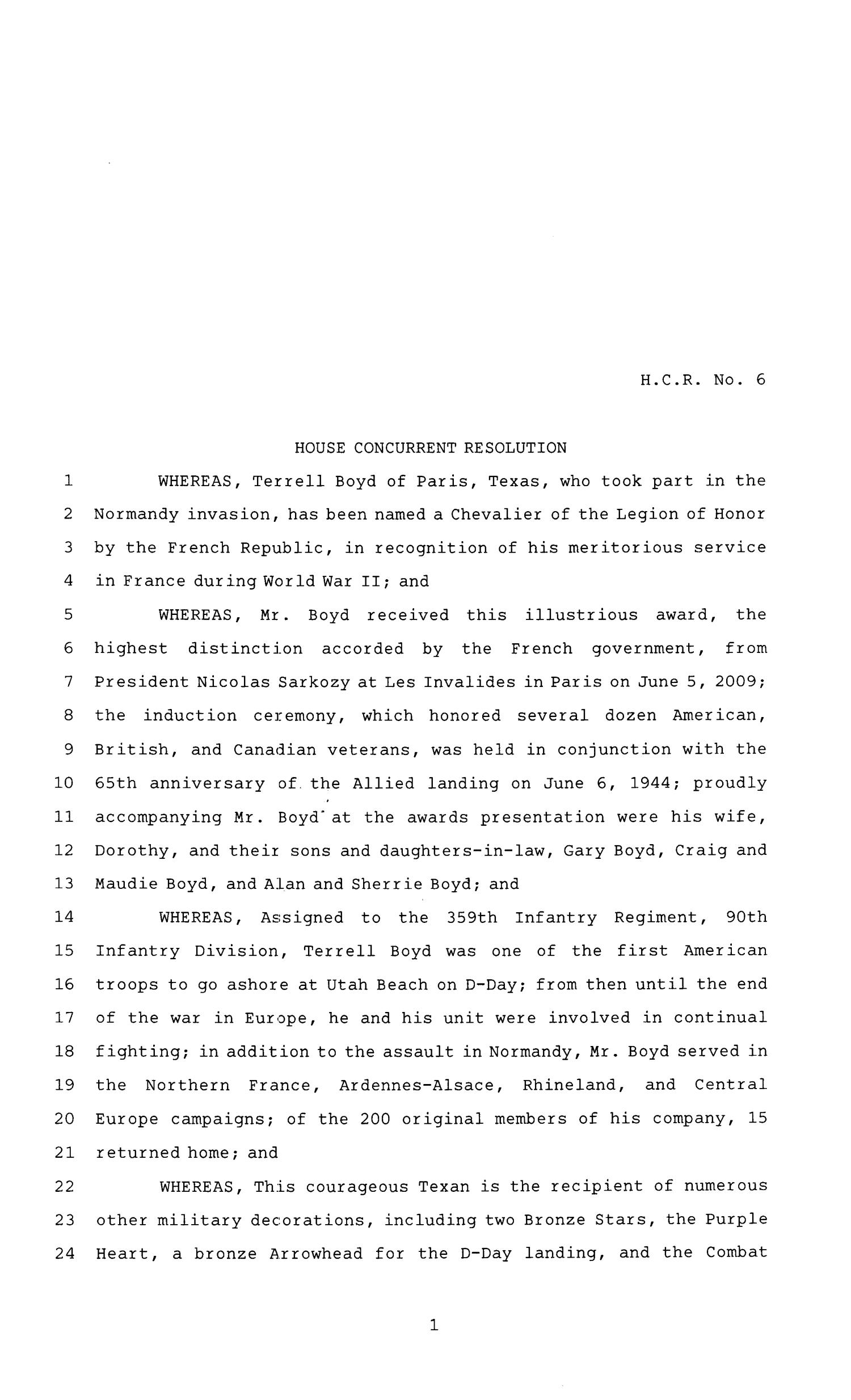 81st Texas Legislature, First Called Session, House Concurrent Resolution 6
                                                
                                                    [Sequence #]: 1 of 4
                                                
