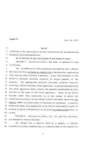 Primary view of object titled '81st Texas Legislature, Regular Session, House Bill 2071, Chapter 116'.