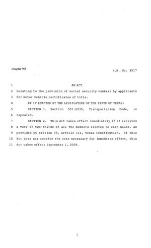 Primary view of object titled '81st Texas Legislature, Regular Session, House Bill 3517, Chapter 961'.