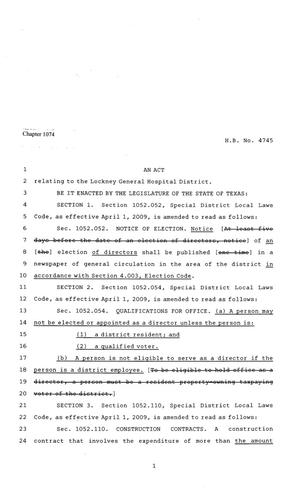 Primary view of object titled '81st Texas Legislature, Regular Session, House Bill 4745, Chapter 1074'.