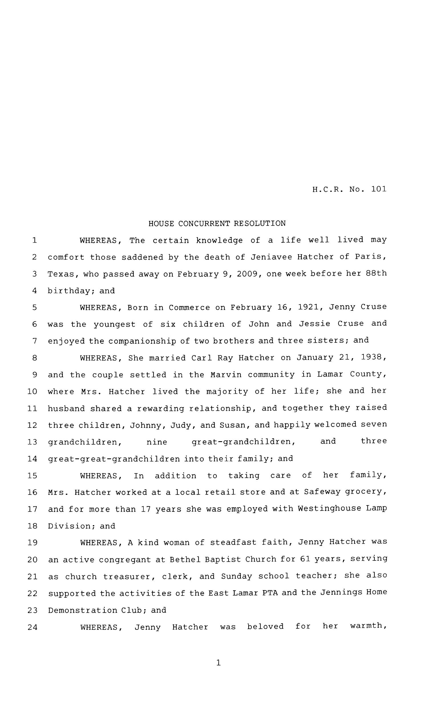 81st Texas Legislature, House Concurrent Resolution, Bill 101
                                                
                                                    [Sequence #]: 1 of 3
                                                