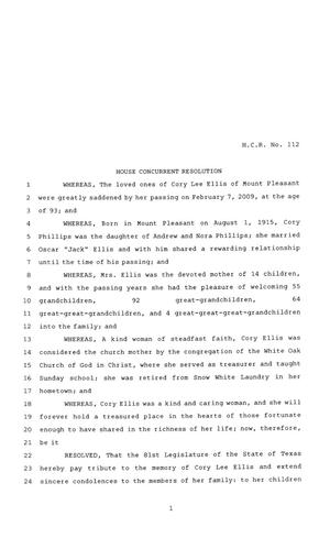 Primary view of object titled '81st Texas Legislature, House Concurrent Resolution, House Bill 112'.