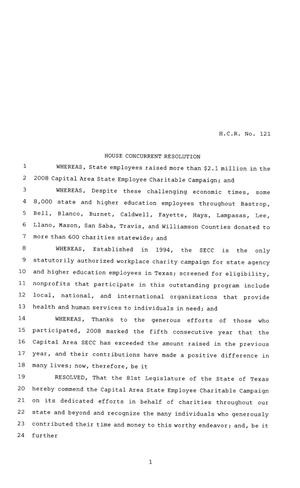 Primary view of object titled '81st Texas Legislature, House Concurrent Resolution, House Bill 121'.