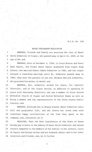 Primary view of object titled '81st Texas Legislature, House Concurrent Resolution, House Bill 218'.