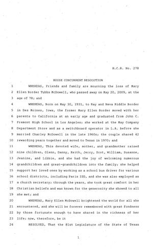 Primary view of object titled '81st Texas Legislature, House Concurrent Resolution, House Bill 278'.