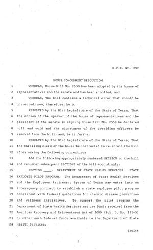 Primary view of object titled '81st Texas Legislature, House Concurrent Resolution, House Bill 292'.