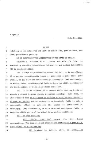 Primary view of object titled '81st Texas Legislature, House Bill 1121, Chapter 138'.