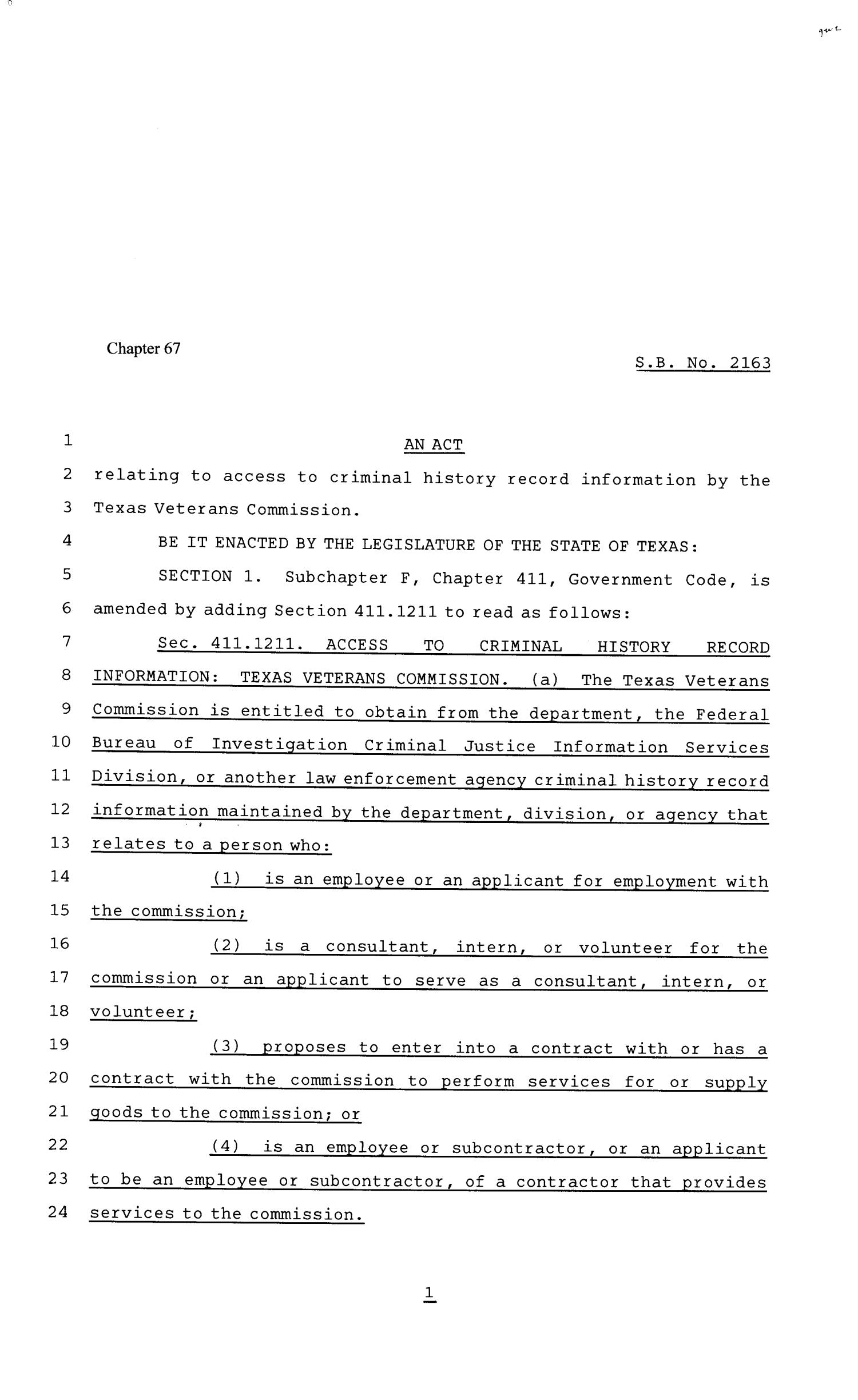 81st Texas Legislature, Senate Bill 2163, Chapter 67
                                                
                                                    [Sequence #]: 1 of 3
                                                