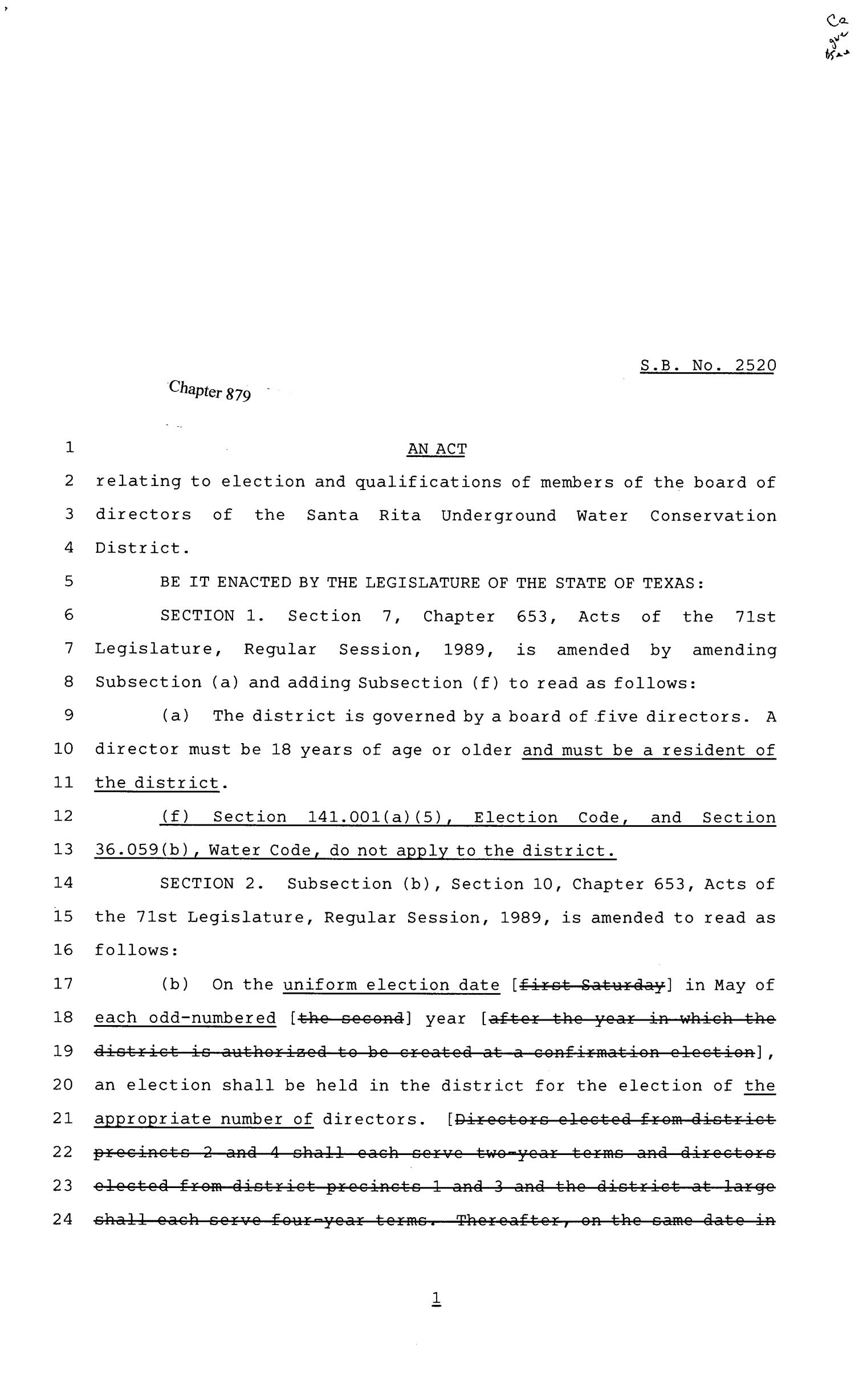 81st Texas Legislature, Senate Bill 2520, Chapter 879
                                                
                                                    [Sequence #]: 1 of 3
                                                
