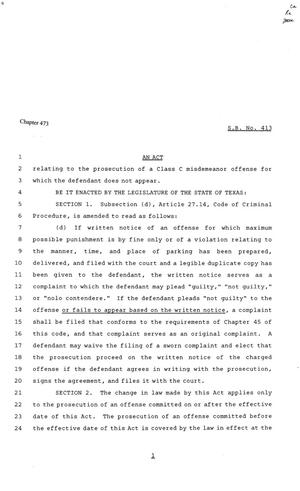Primary view of object titled '81st Texas Legislature, Senate Bill 413, Chapter 473'.