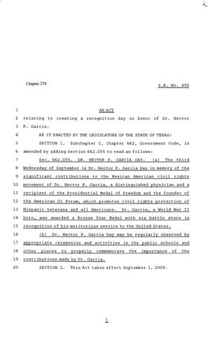 Primary view of object titled '81st Texas Legislature, Senate Bill 495, Chapter 274'.