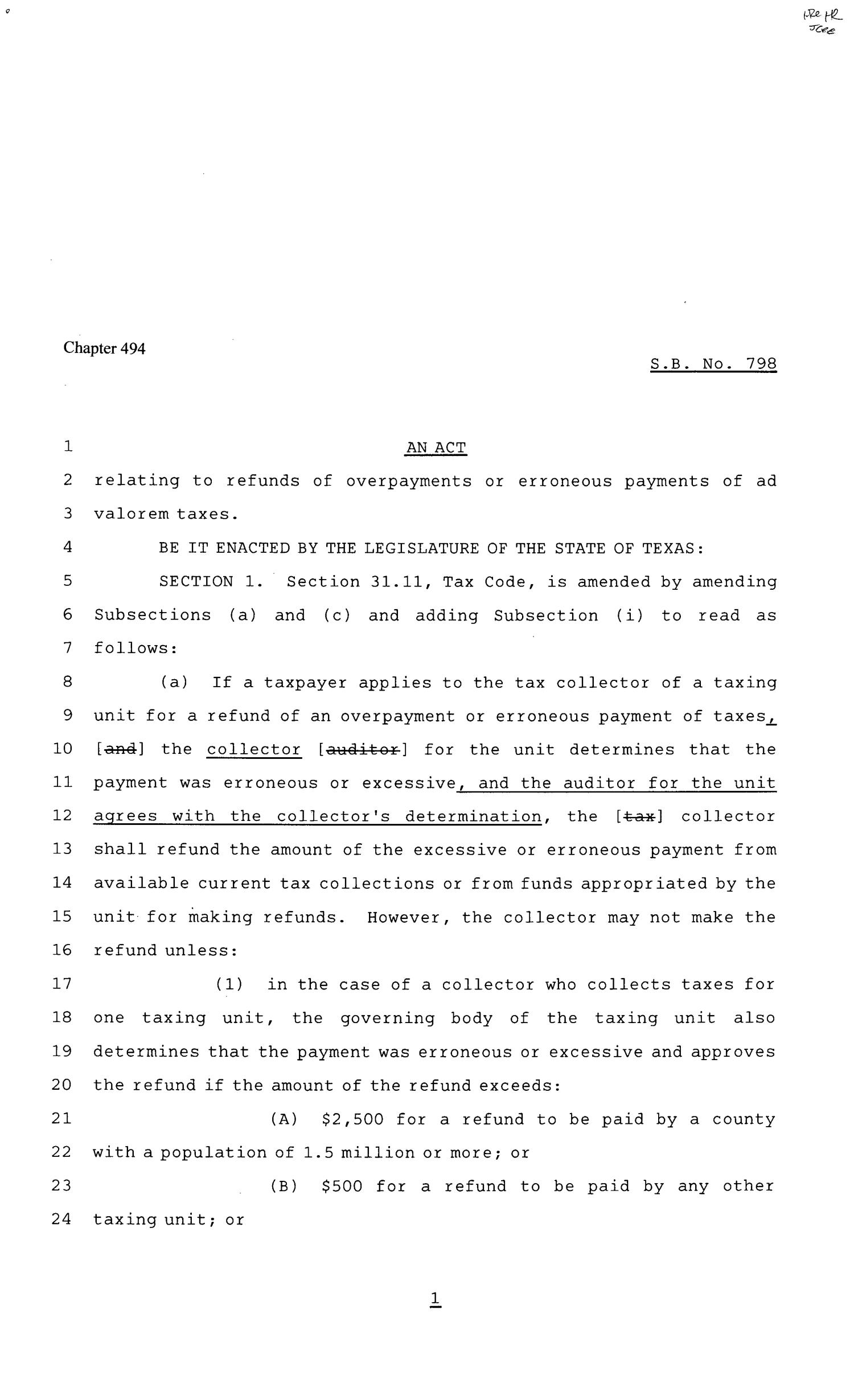 81st Texas Legislature, Senate Bill 798, Chapter 494
                                                
                                                    [Sequence #]: 1 of 4
                                                