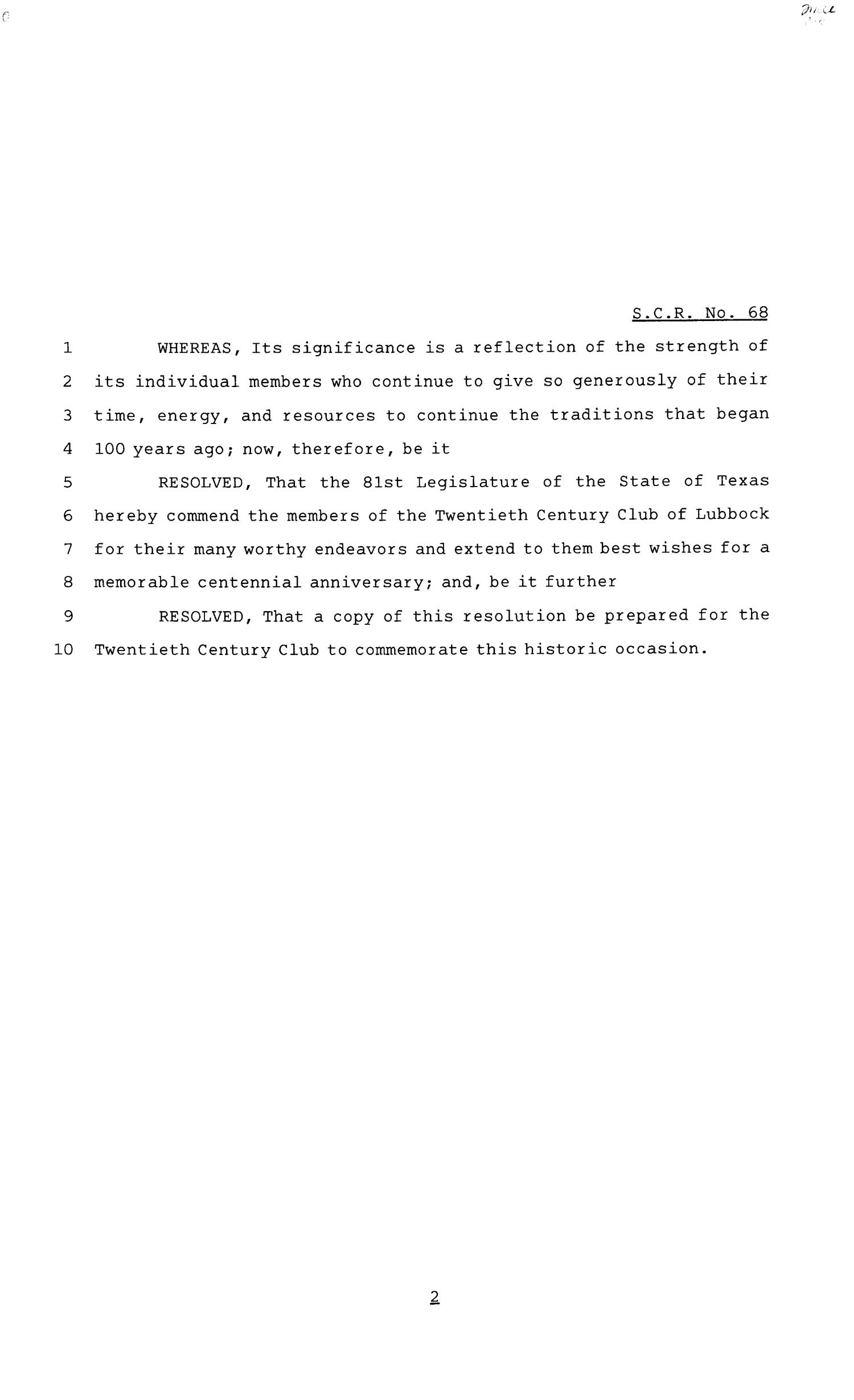 81st Texas Legislature, Senate Concurrent Resolutions 68
                                                
                                                    [Sequence #]: 2 of 3
                                                