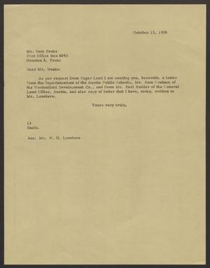 Primary view of object titled '[Letter from I. H. Kempner to Mr. Sam Drake - October 13, 1956]'.