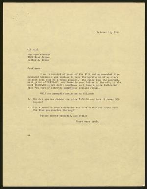 Primary view of object titled '[Letter from Isaac H. Kempner to The Egan Company, October 19, 1961]'.