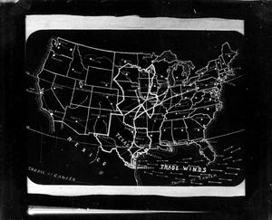 Primary view of object titled '[Map of United States indicating trade winds and major rail lines]'.