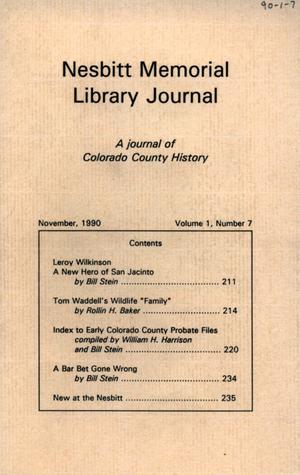 Primary view of object titled 'Nesbitt Memorial Library Journal, Volume 1, Number 7, November 1990'.