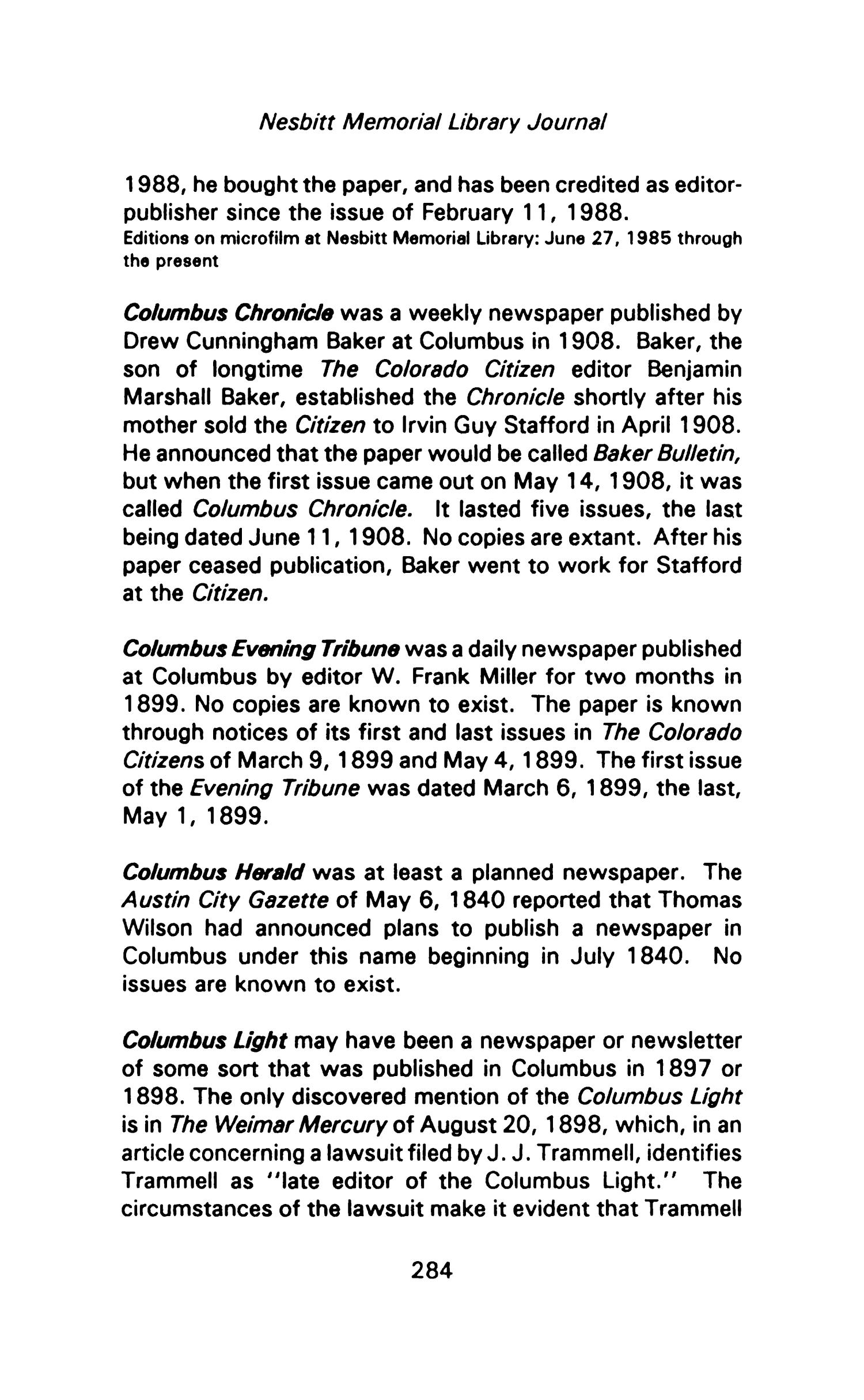 Nesbitt Memorial Library Journal, Volume 1, Number 9, June 1991
                                                
                                                    284
                                                