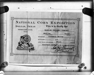Primary view of object titled 'First Prize - Creamery Butter - Southern Zone at the National Corn Exposition, Dallas Texas'.