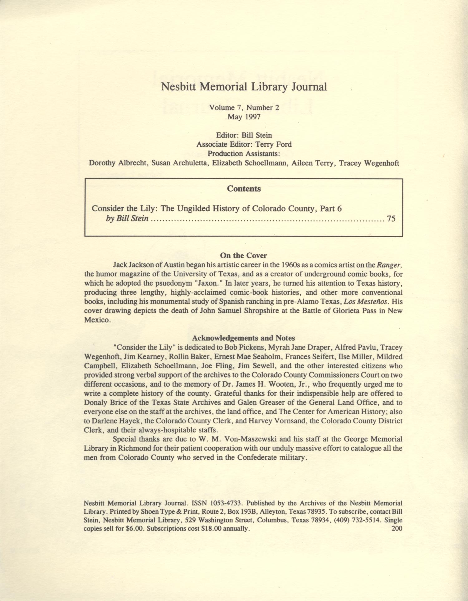 Nesbitt Memorial Library Journal, Volume 7, Number 2, May 1997
                                                
                                                    Front Inside
                                                