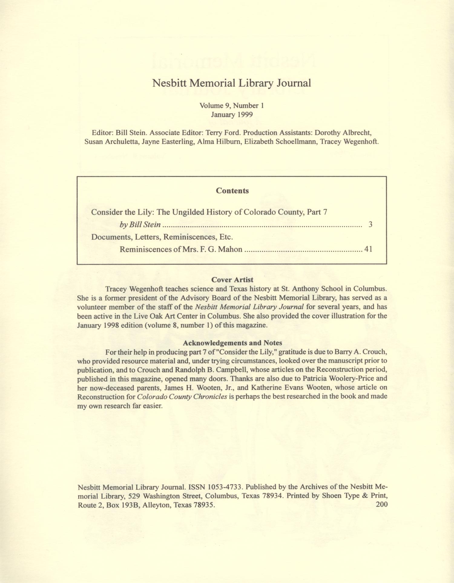 Nesbitt Memorial Library Journal, Volume 9, Number 1, January 1999
                                                
                                                    Front Inside
                                                