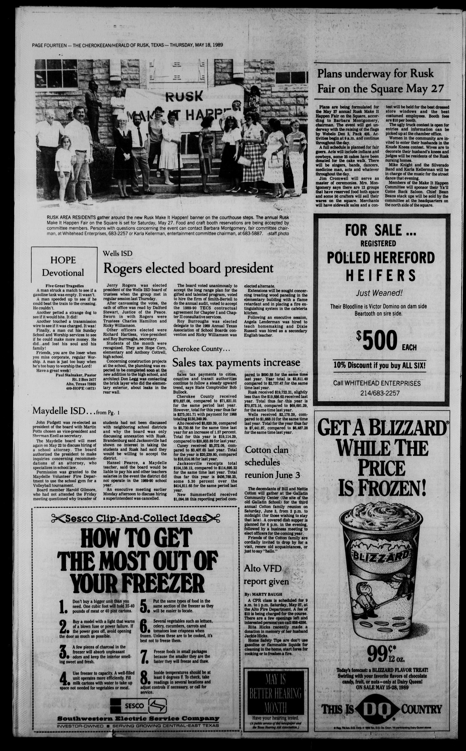Cherokeean/Herald (Rusk, Tex.), Vol. 141, No. 15, Ed. 1 Thursday, May 18, 1989
                                                
                                                    [Sequence #]: 14 of 18
                                                