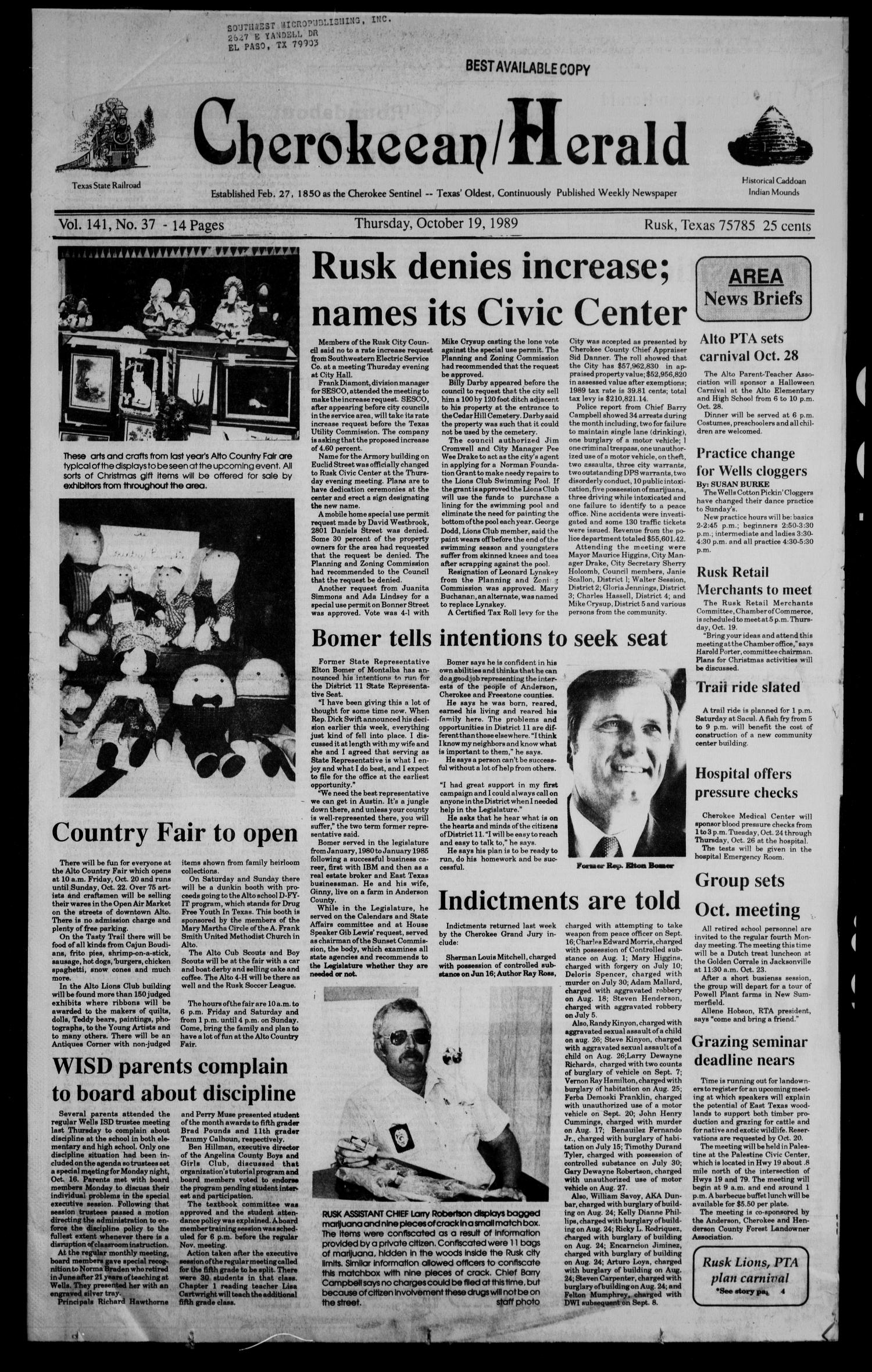 Cherokeean/Herald (Rusk, Tex.), Vol. 141, No. 37, Ed. 1 Thursday, October 19, 1989
                                                
                                                    [Sequence #]: 1 of 30
                                                