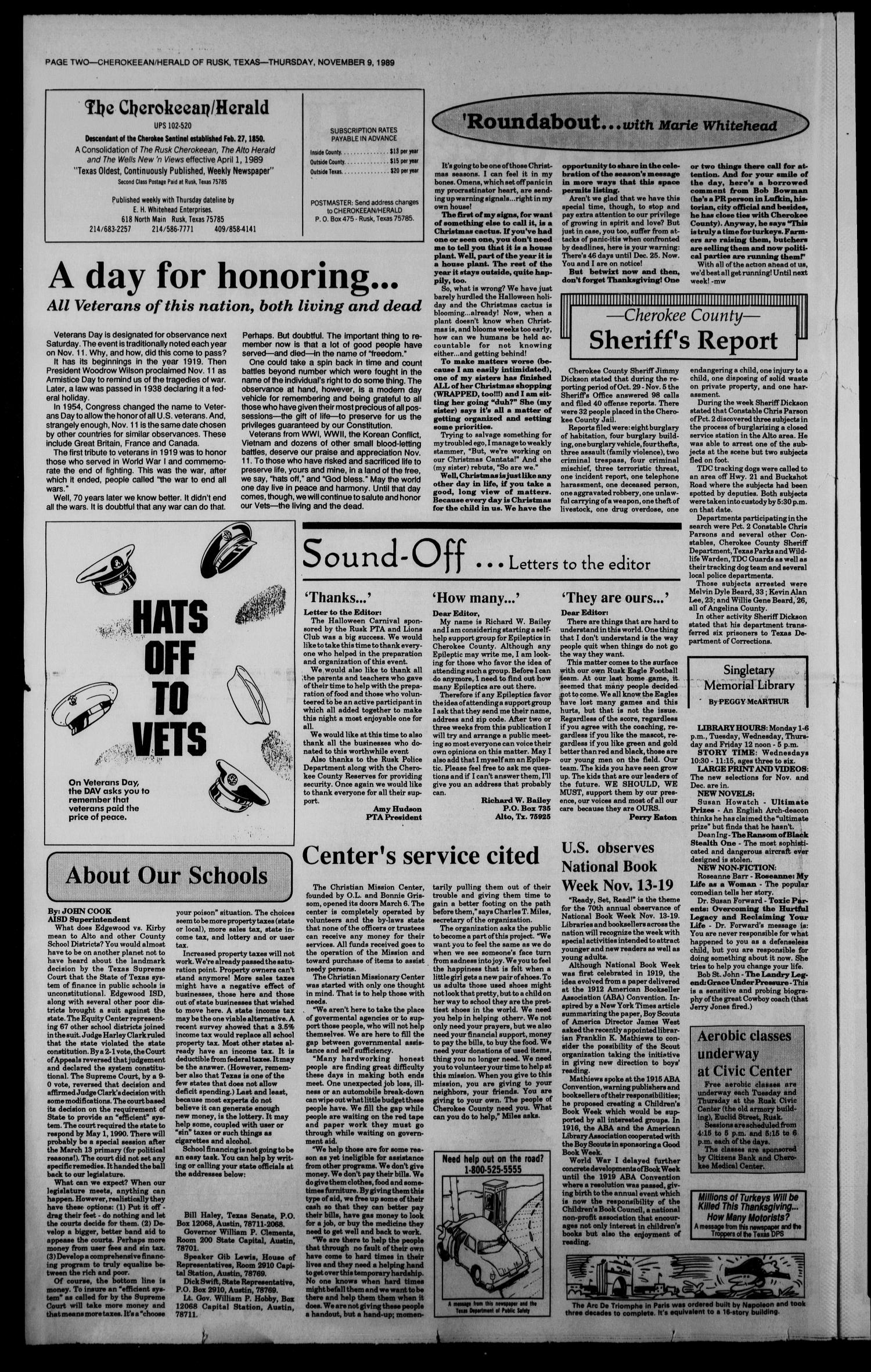 Cherokeean/Herald (Rusk, Tex.), Vol. 141, No. 40, Ed. 1 Thursday, November 9, 1989
                                                
                                                    [Sequence #]: 2 of 30
                                                