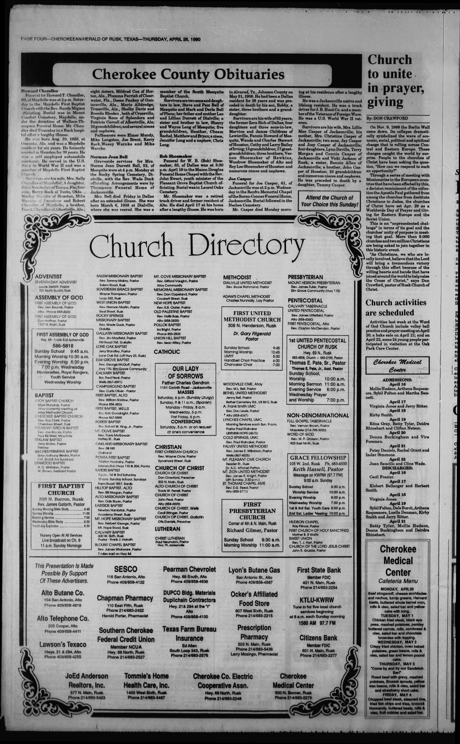 Cherokeean/Herald (Rusk, Tex.), Vol. 142, No. 12, Ed. 1 Thursday, April 26, 1990
                                                
                                                    [Sequence #]: 4 of 32
                                                
