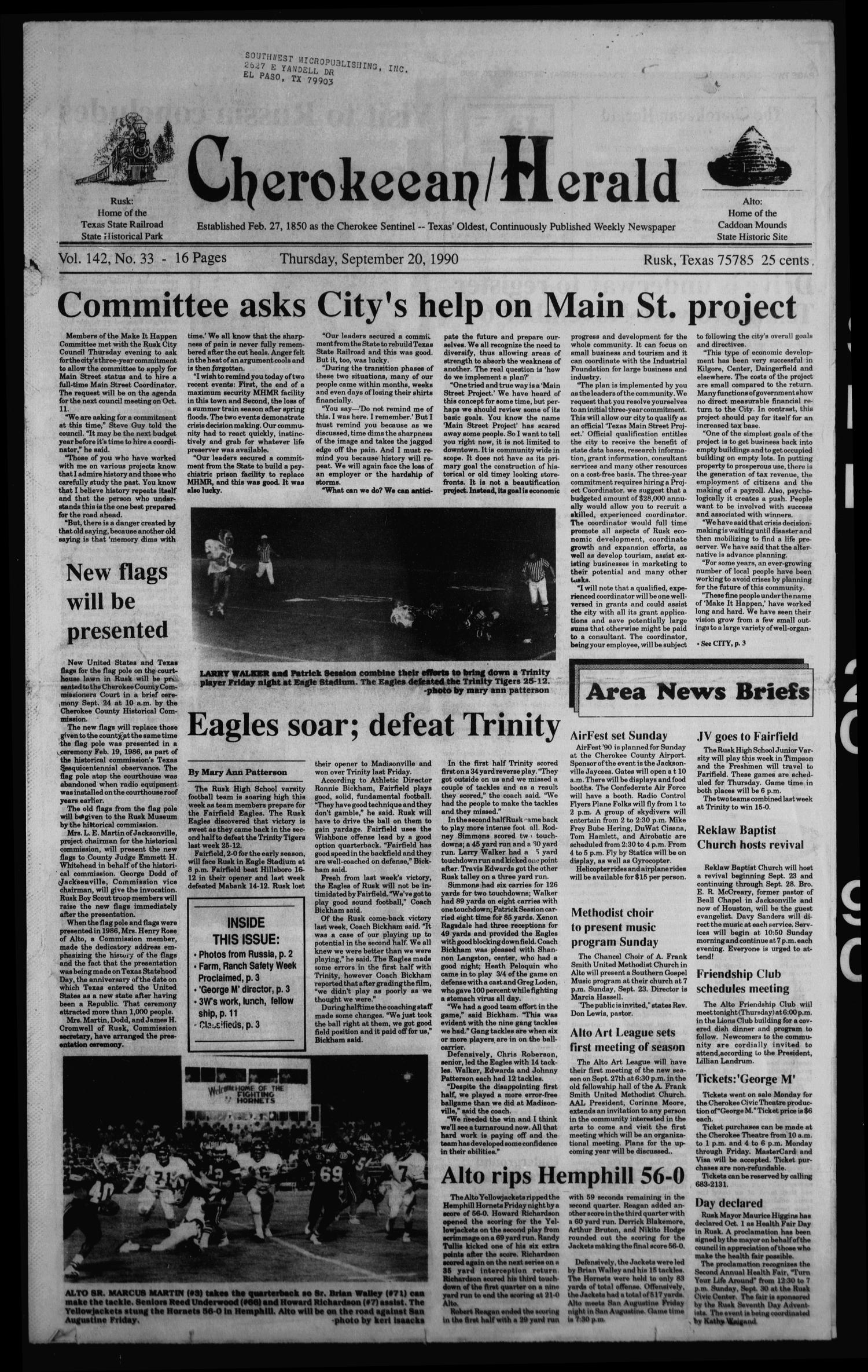 Cherokeean/Herald (Rusk, Tex.), Vol. 142, No. 33, Ed. 1 Thursday, September 20, 1990
                                                
                                                    [Sequence #]: 1 of 20
                                                
