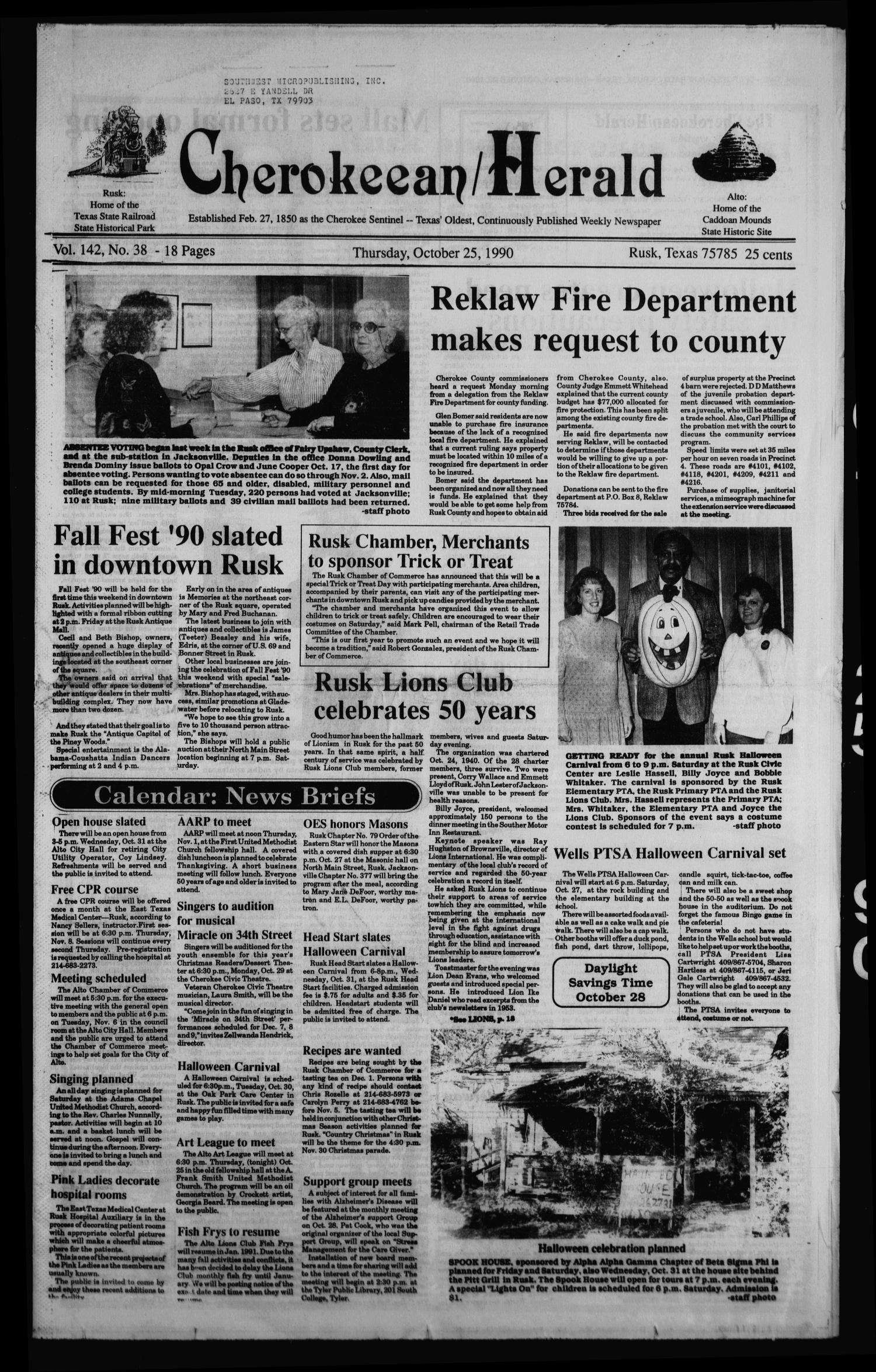 Cherokeean/Herald (Rusk, Tex.), Vol. 142, No. 38, Ed. 1 Thursday, October 25, 1990
                                                
                                                    [Sequence #]: 1 of 38
                                                
