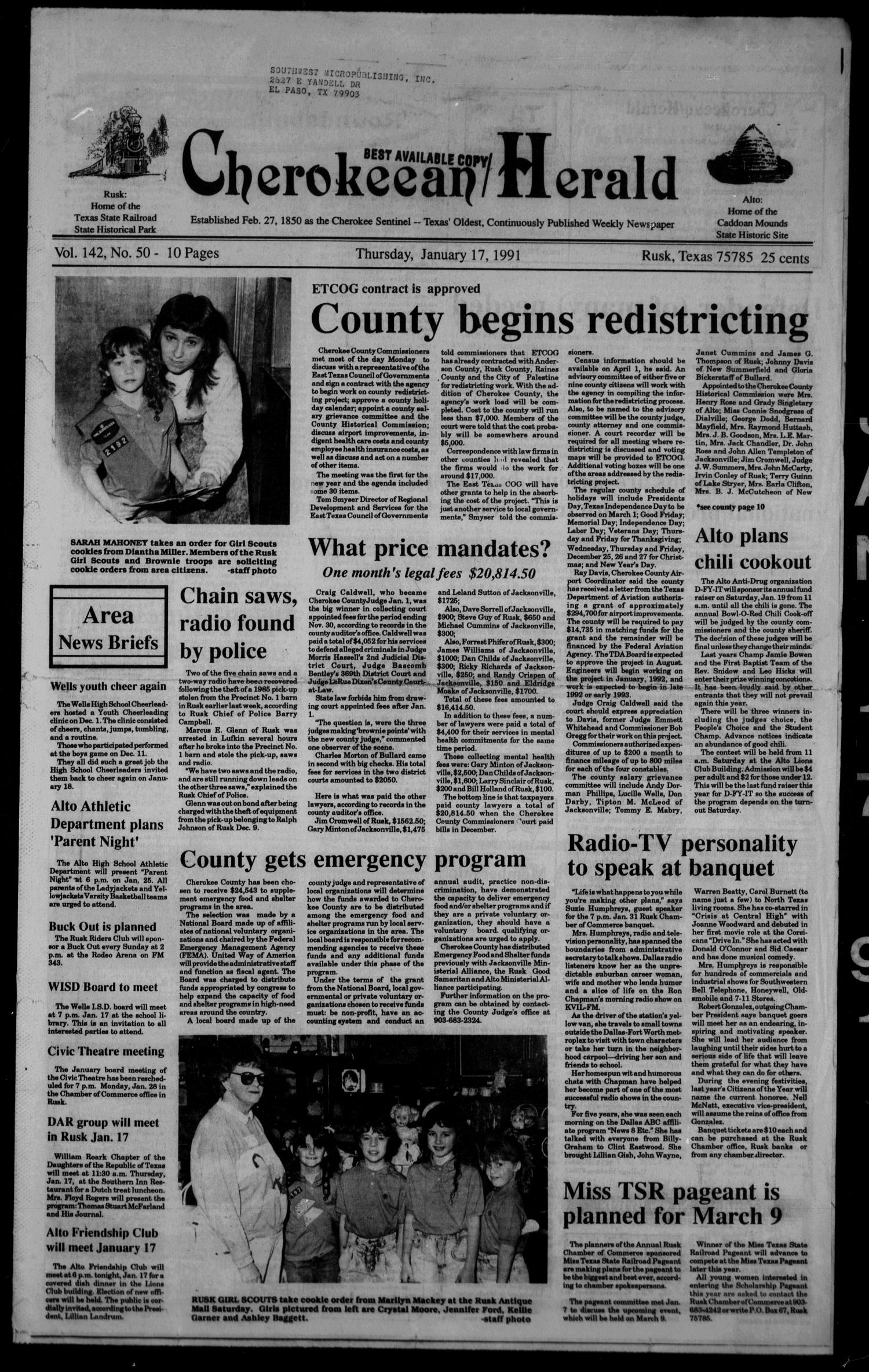 Cherokeean/Herald (Rusk, Tex.), Vol. 142, No. 50, Ed. 1 Thursday, January 17, 1991
                                                
                                                    [Sequence #]: 1 of 16
                                                