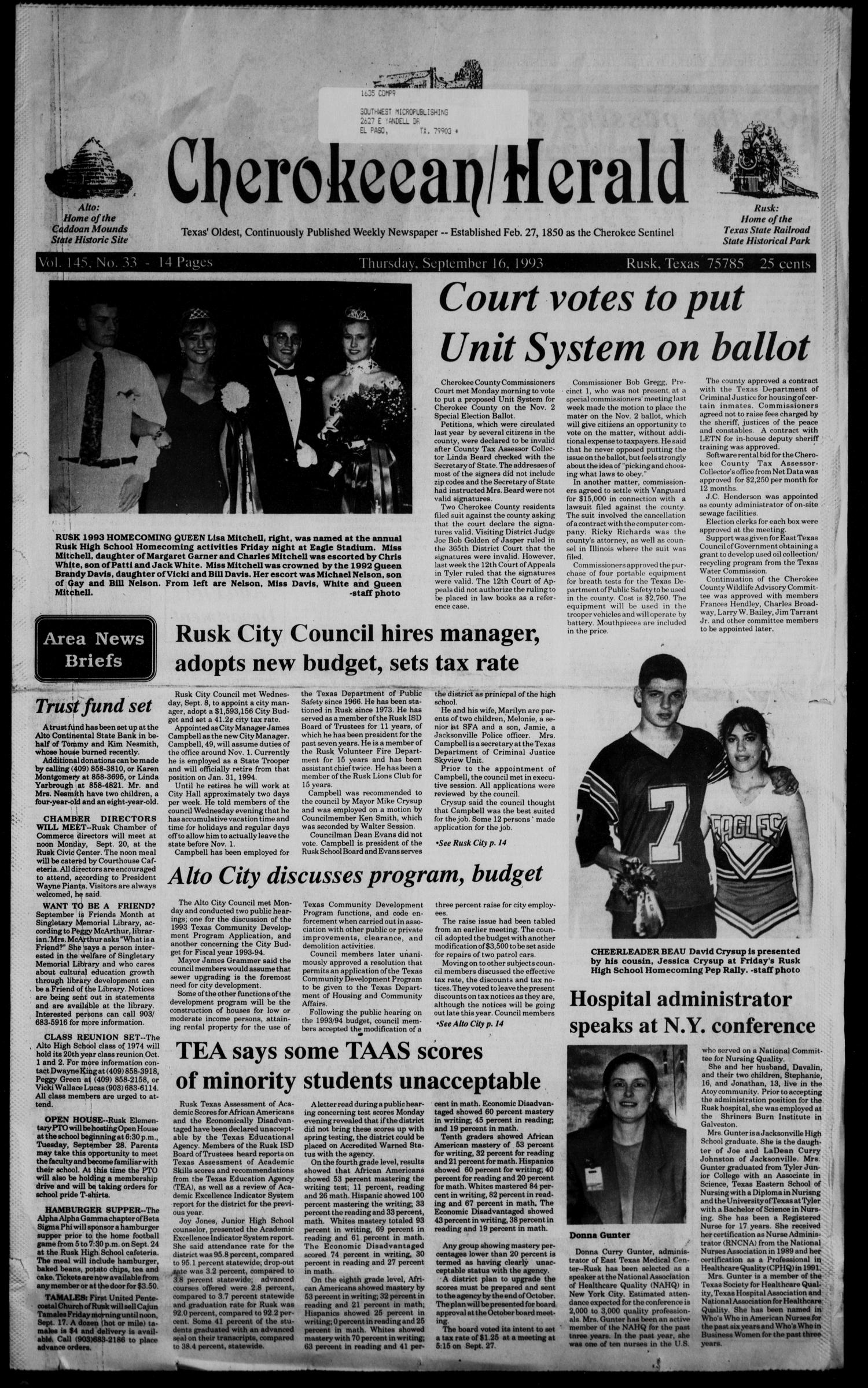 Cherokeean/Herald (Rusk, Tex.), Vol. 145, No. 33, Ed. 1 Thursday, September 16, 1993
                                                
                                                    [Sequence #]: 1 of 20
                                                