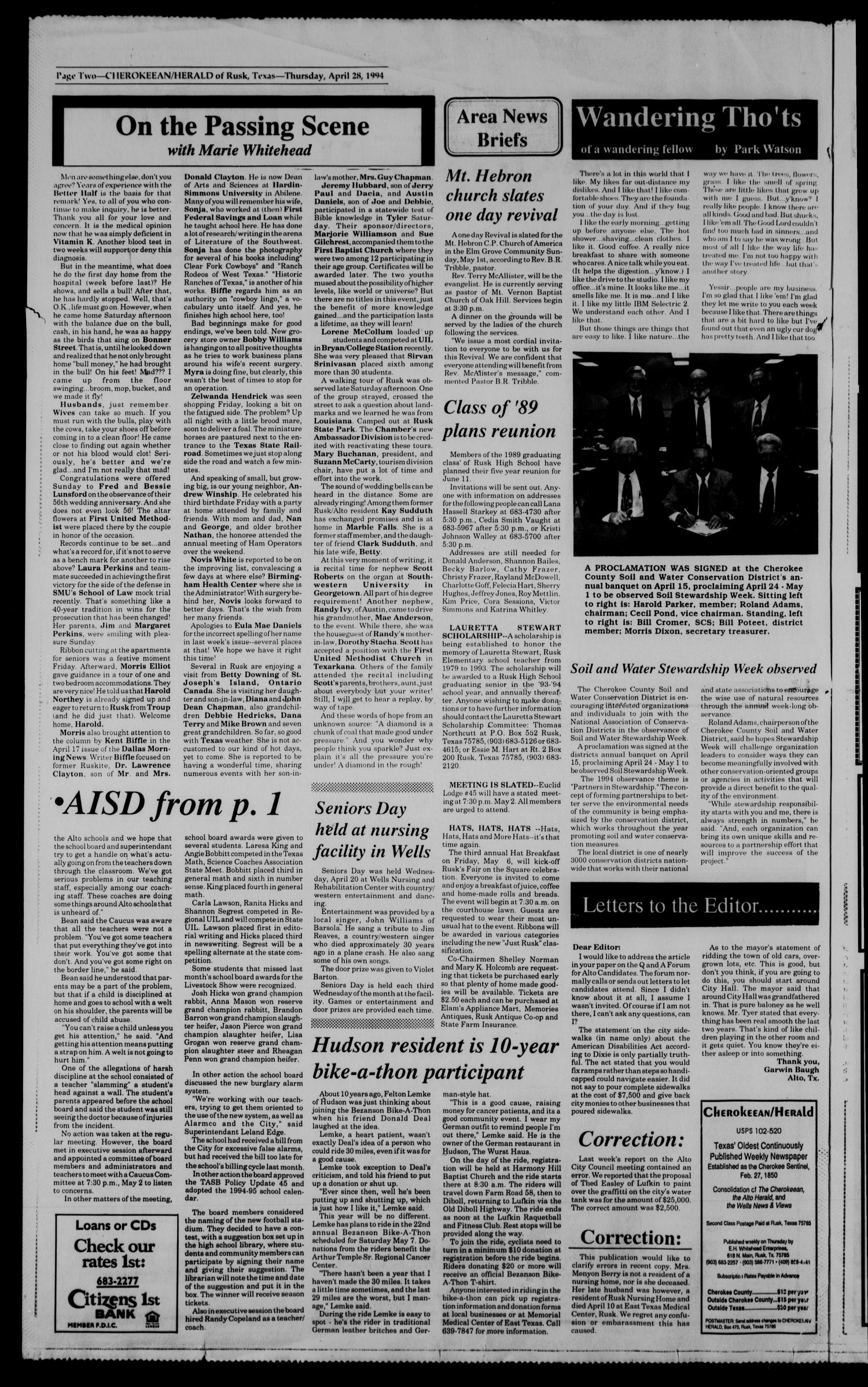 Cherokeean/Herald (Rusk, Tex.), Vol. 146, No. 13, Ed. 1 Thursday, April 28, 1994
                                                
                                                    [Sequence #]: 2 of 28
                                                