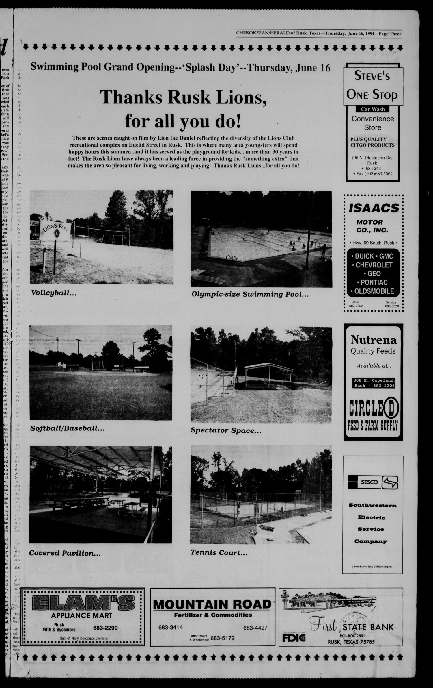 Cherokeean/Herald (Rusk, Tex.), Vol. 146, No. 20, Ed. 1 Thursday, June 16, 1994
                                                
                                                    [Sequence #]: 3 of 18
                                                