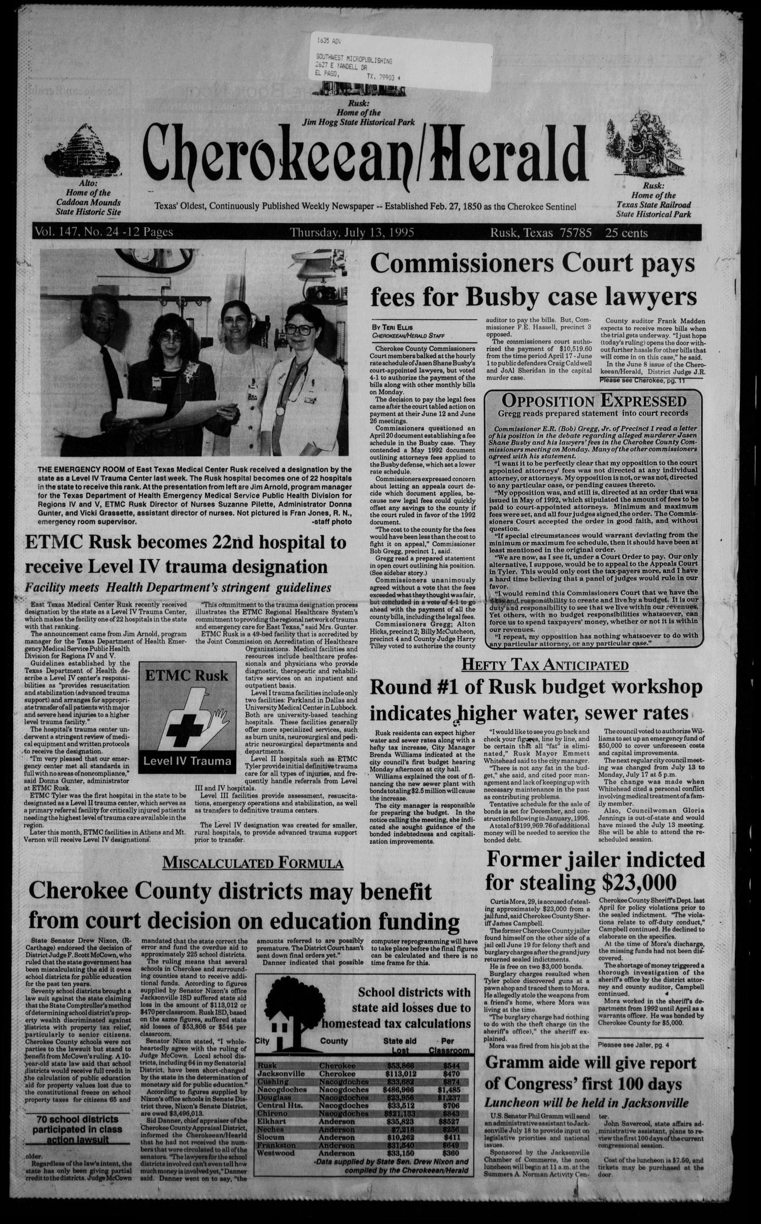 Cherokeean/Herald (Rusk, Tex.), Vol. 147, No. 24, Ed. 1 Thursday, July 13, 1995
                                                
                                                    [Sequence #]: 1 of 40
                                                