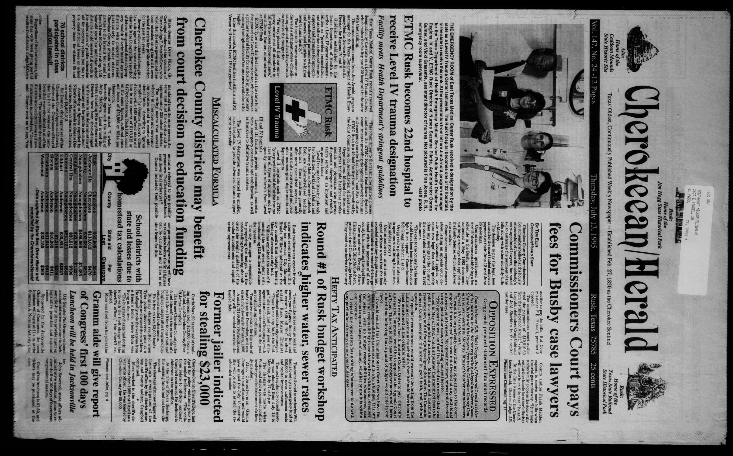 Cherokeean/Herald (Rusk, Tex.), Vol. 147, No. 24, Ed. 1 Thursday, July 13, 1995
                                                
                                                    [Sequence #]: 1 of 40
                                                