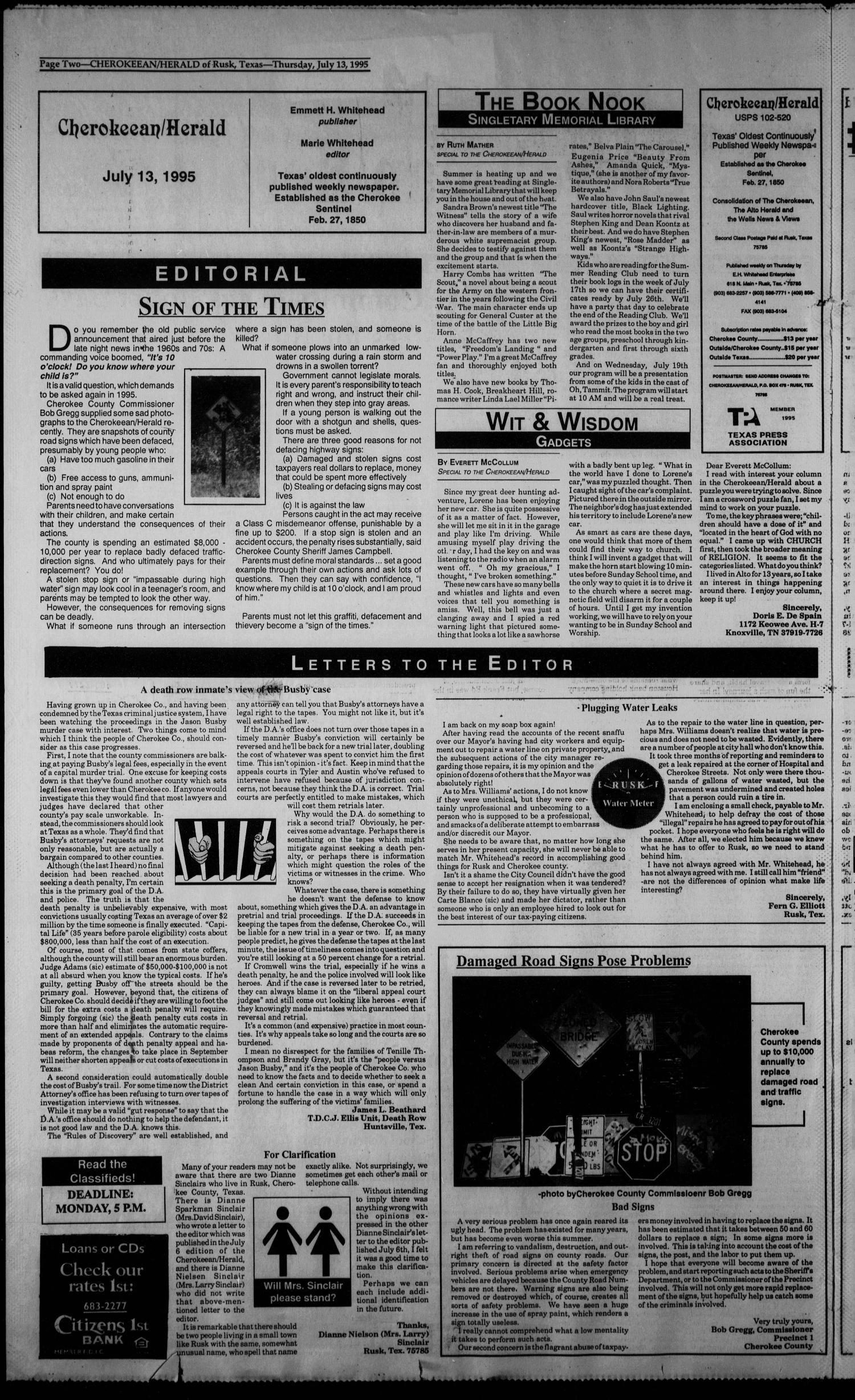 Cherokeean/Herald (Rusk, Tex.), Vol. 147, No. 24, Ed. 1 Thursday, July 13, 1995
                                                
                                                    [Sequence #]: 2 of 40
                                                