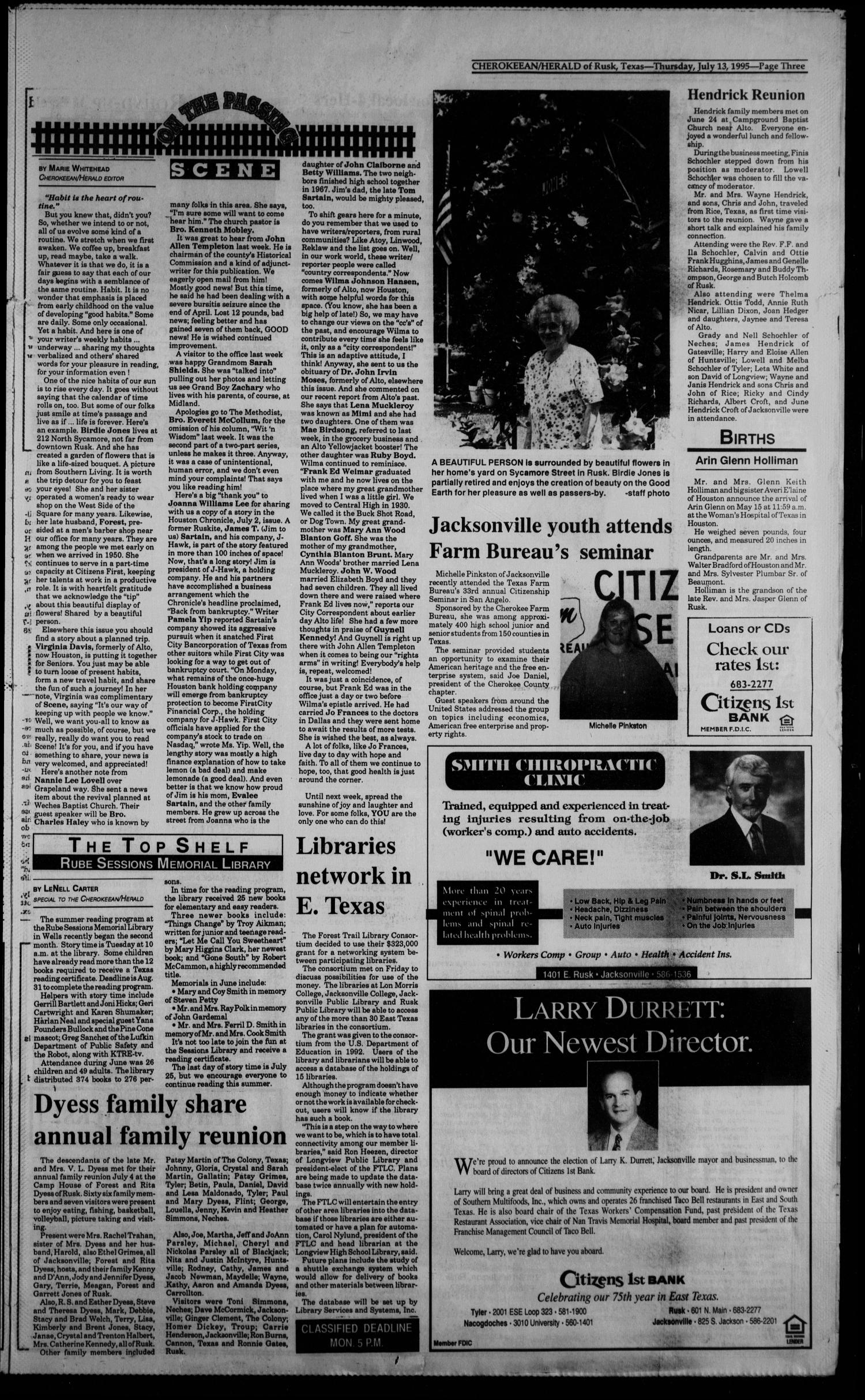 Cherokeean/Herald (Rusk, Tex.), Vol. 147, No. 24, Ed. 1 Thursday, July 13, 1995
                                                
                                                    [Sequence #]: 3 of 40
                                                