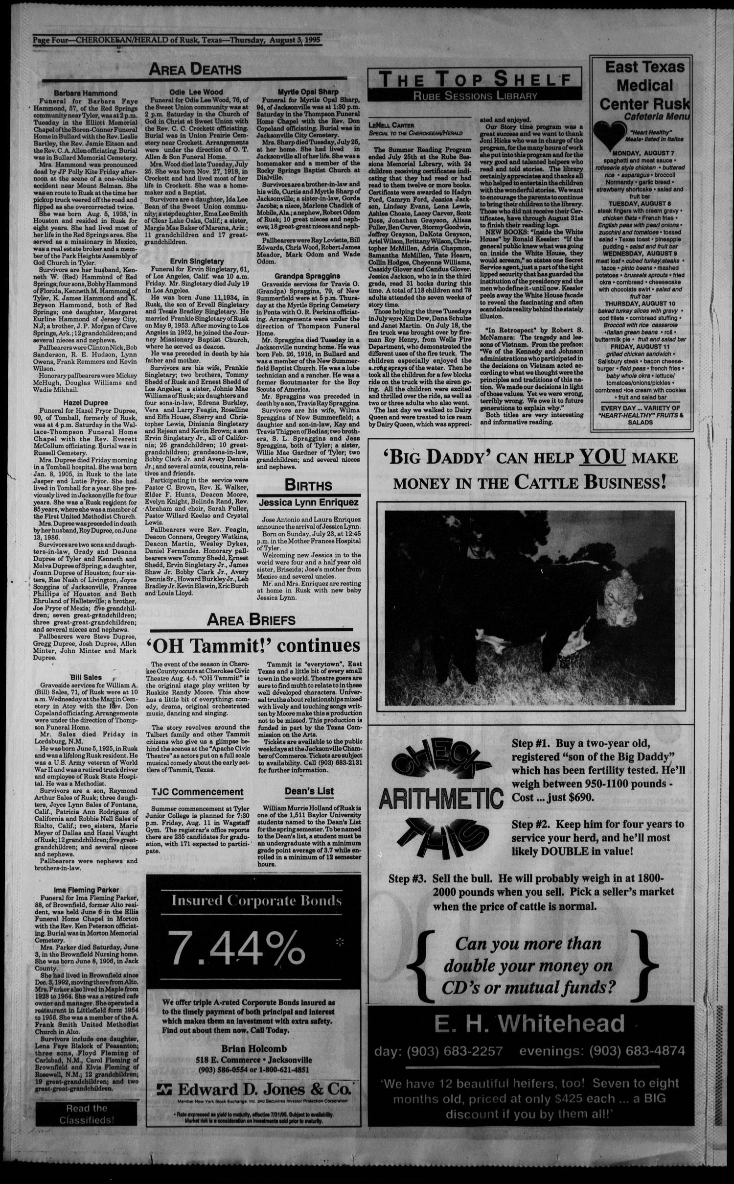 Cherokeean/Herald (Rusk, Tex.), Vol. 147, No. 27, Ed. 1 Thursday, August 3, 1995
                                                
                                                    [Sequence #]: 4 of 39
                                                