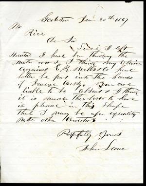 Primary view of object titled '[Letter from John Lane to William M. Rice - Jan 20, 1867]'.
