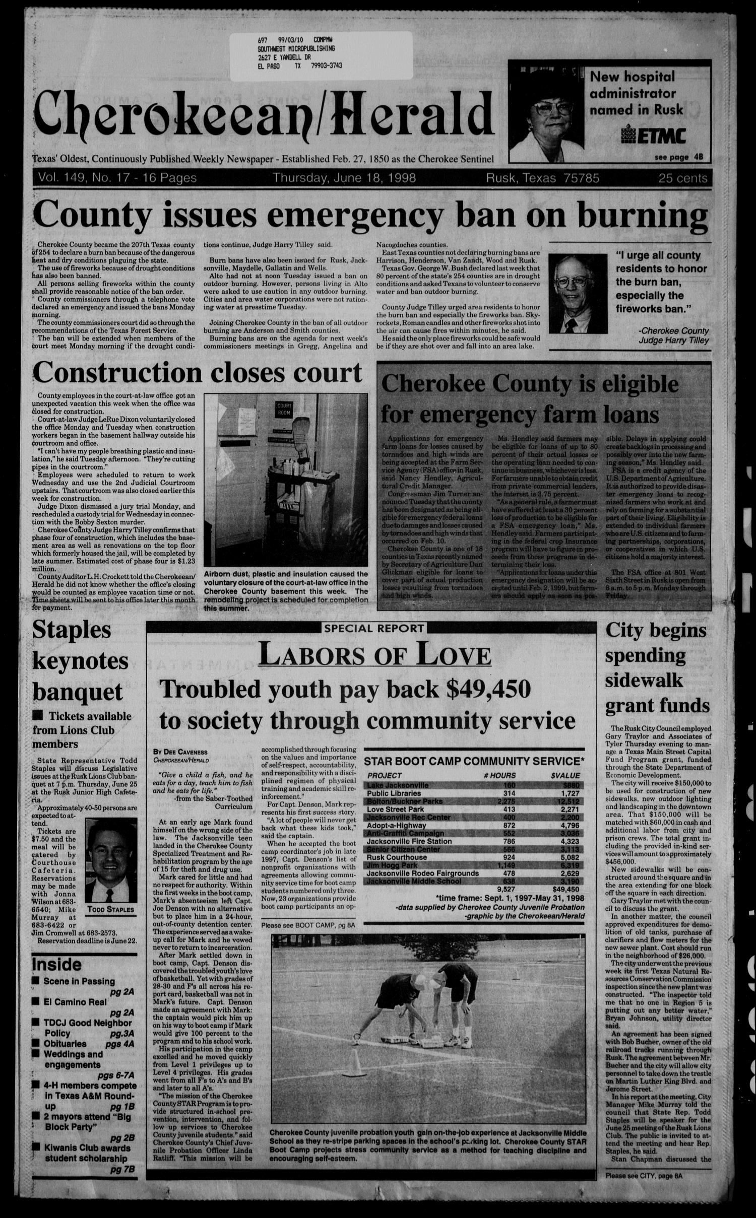Cherokeean/Herald (Rusk, Tex.), Vol. 149, No. 17, Ed. 1 Thursday, June 18, 1998
                                                
                                                    [Sequence #]: 1 of 16
                                                